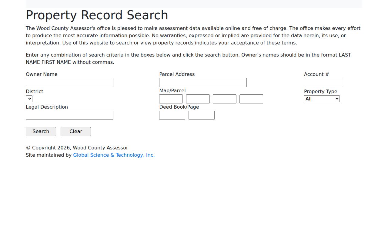 Wood County CAMA property search fields used for Parkersburg owner and address records