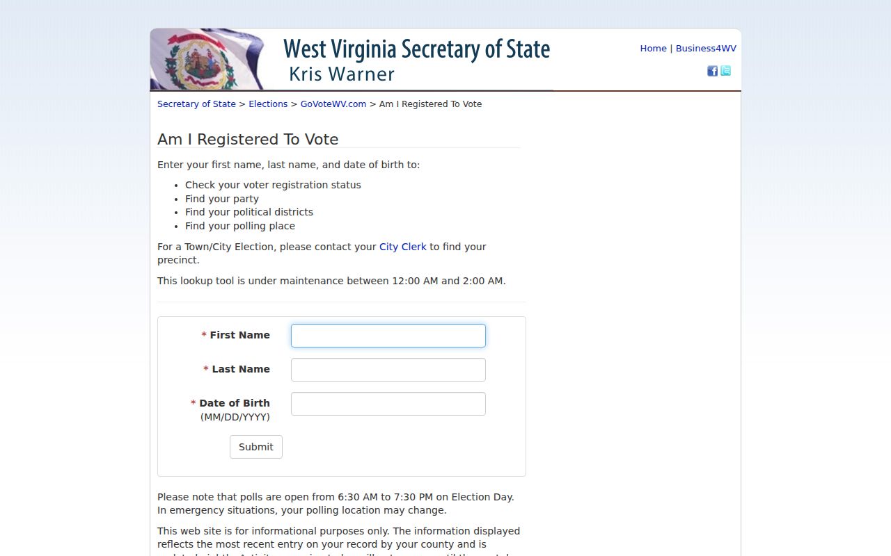 West Virginia voter form for a Parkersburg resident lookup